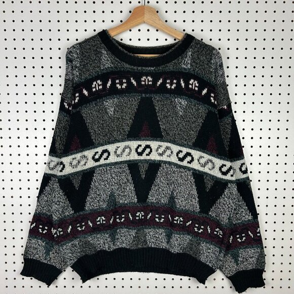 Expressions Abstract Aztec Knit‎ Sweater Large Black Multicolor Chunky Cosby 90s - Picture 1 of 7
